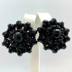 VINTAGE WEST GERMANY EARRINGS BLACK GLASS BEADS CLIP 1 1/8”